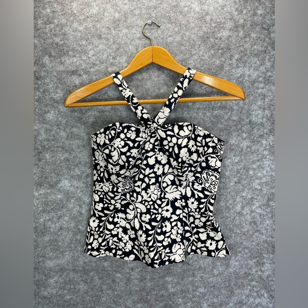 White House Black Market Womens Corset Bustier Top Size 8 Black White Floral